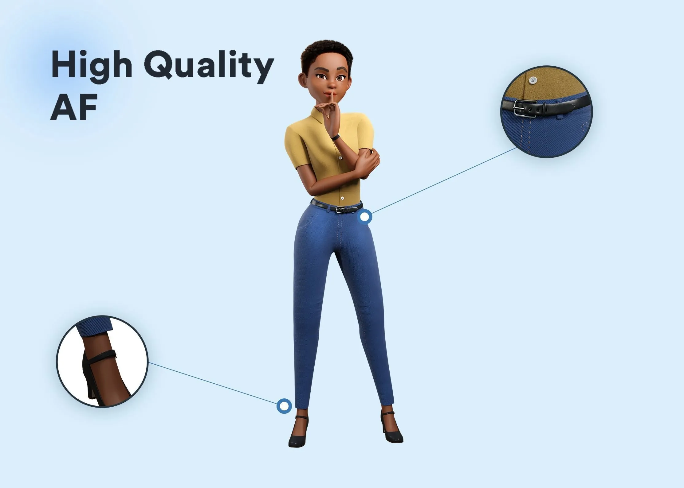 Cartoon Black Female Character high quality 3D model details showcase
